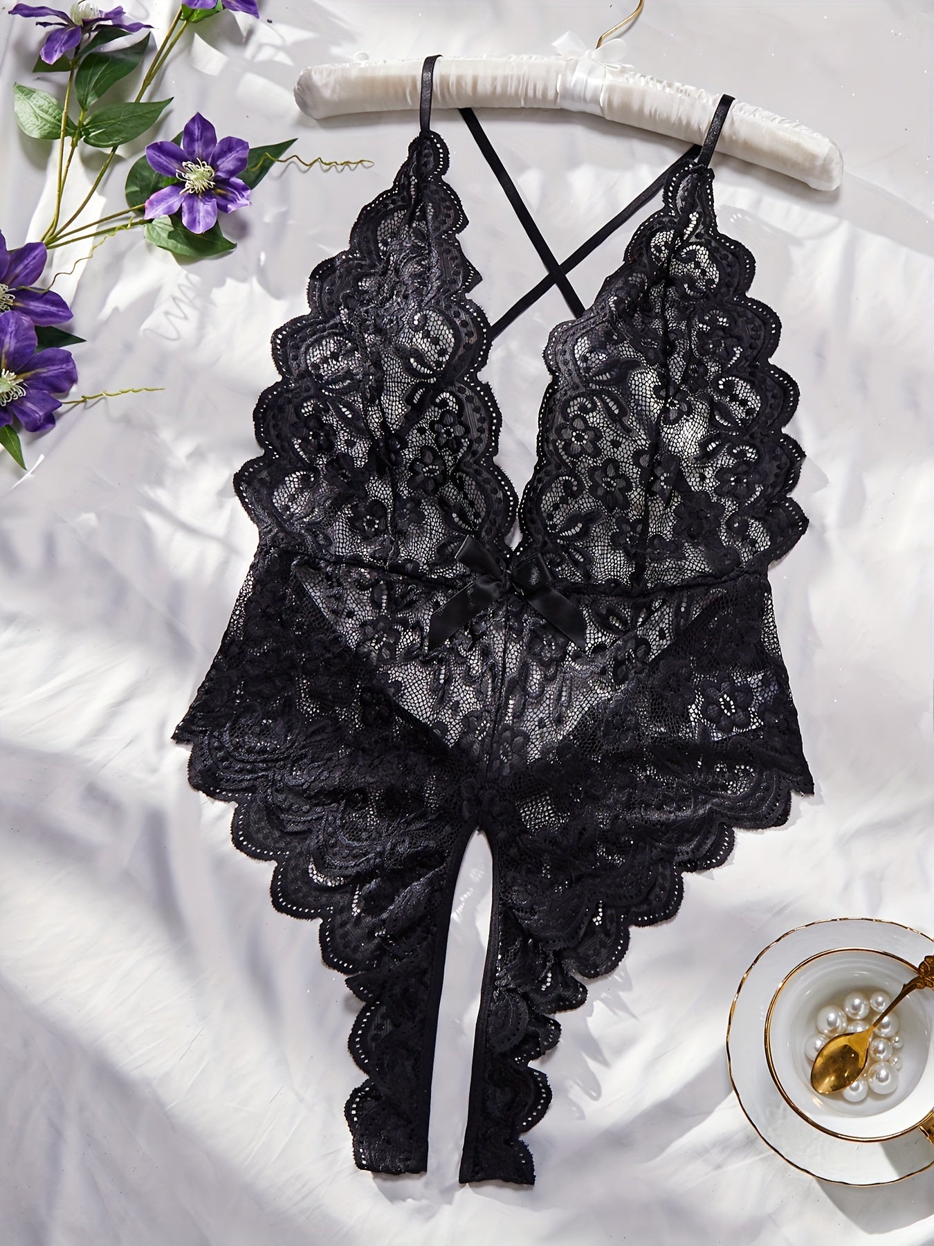 Plus Size Seductive Floral Lace Bodysuit - Plunging Halter Neck, Open Crotch, Medium Stretch, Sheer, Knit Fabric, Polyester Material - Sexy Lingerie for Women
