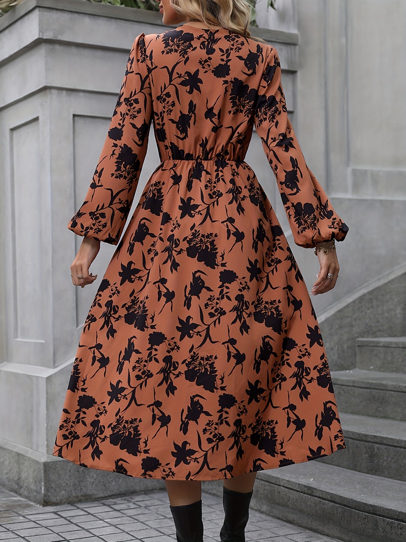 Vibrant Floral Print Dress - Chic Split V Neck, Comfortable Long Sleeves, Exuding Elegant Charm - Perfect for Spring and Fall, Womens Stylish Clothing