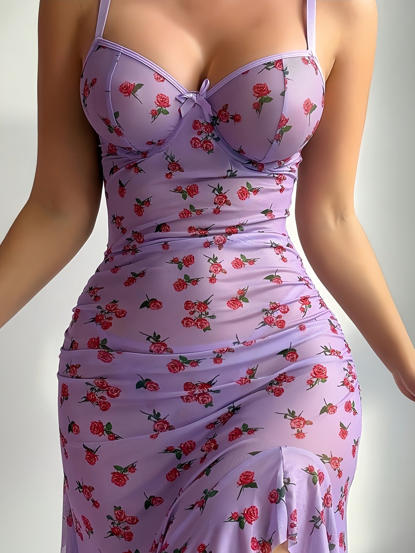 Woman's 2pcs Set, Sexy Underwear, Pajamas, Nightgown, Sexy Black Ear-edge Printed Backless, Semi-transparent, Princess Style, Middle Slit Nightgown Set, Skirt + Thong Set, Bra with Underwire