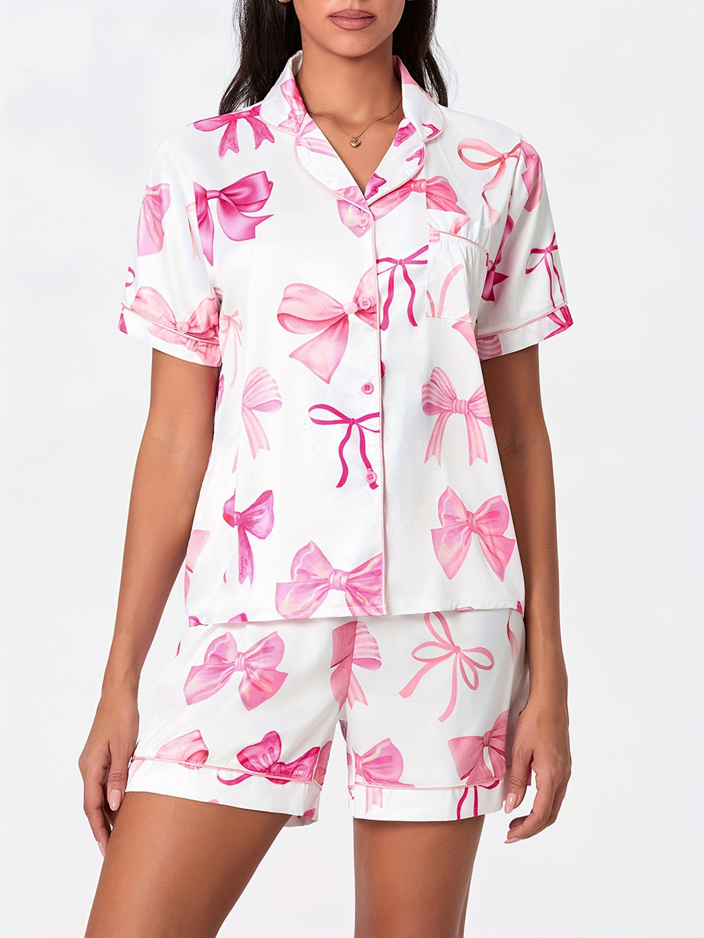 Women 2 Piece Pajamas Set Y2k Bow Print Short Sleeve Shirt Shorts Pjs Outfits Summer Lounge Sets Sleepwear