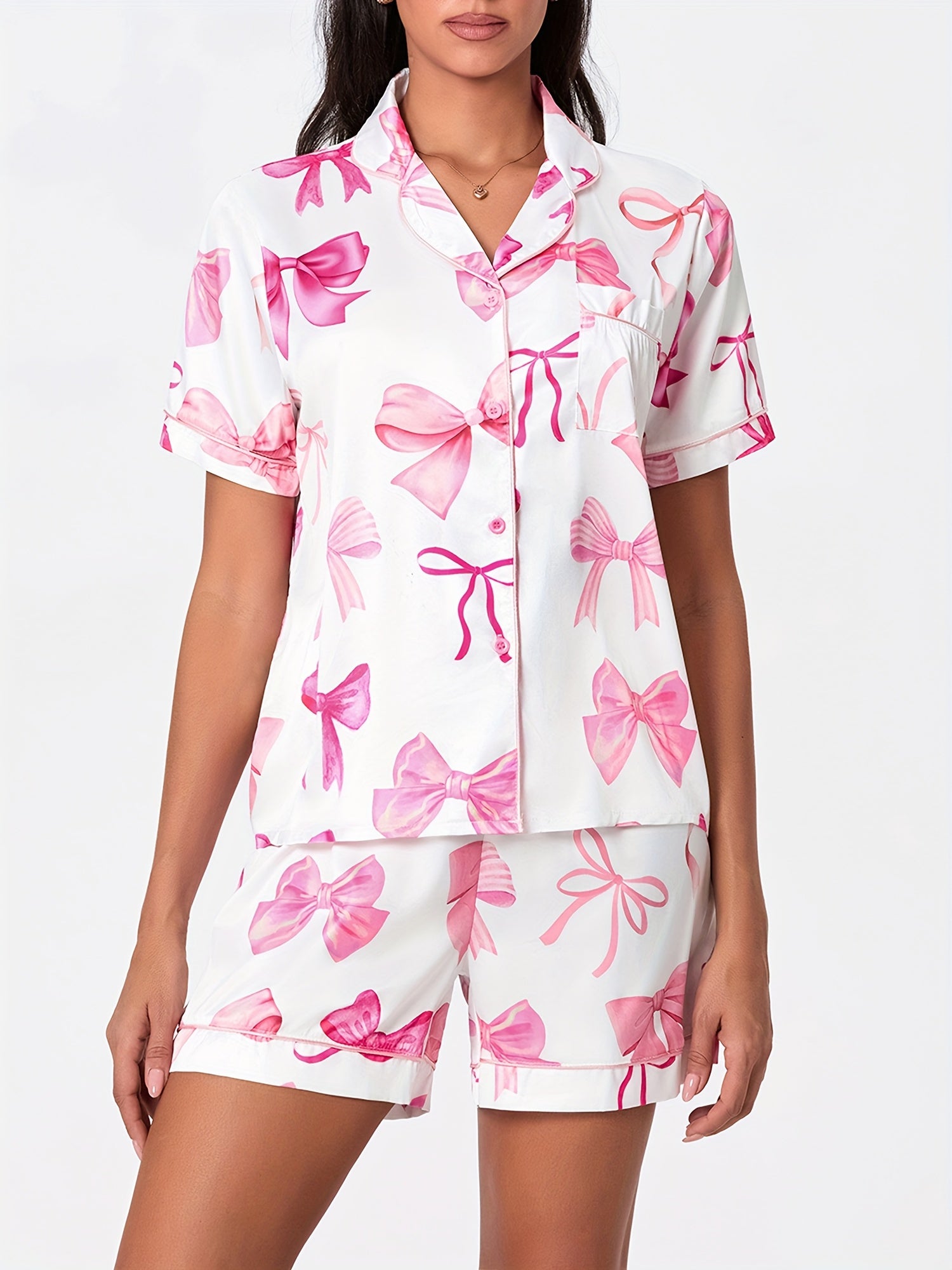 Women 2 Piece Pajamas Set Y2k Bow Print Short Sleeve Shirt Shorts Pjs Outfits Summer Lounge Sets Sleepwear