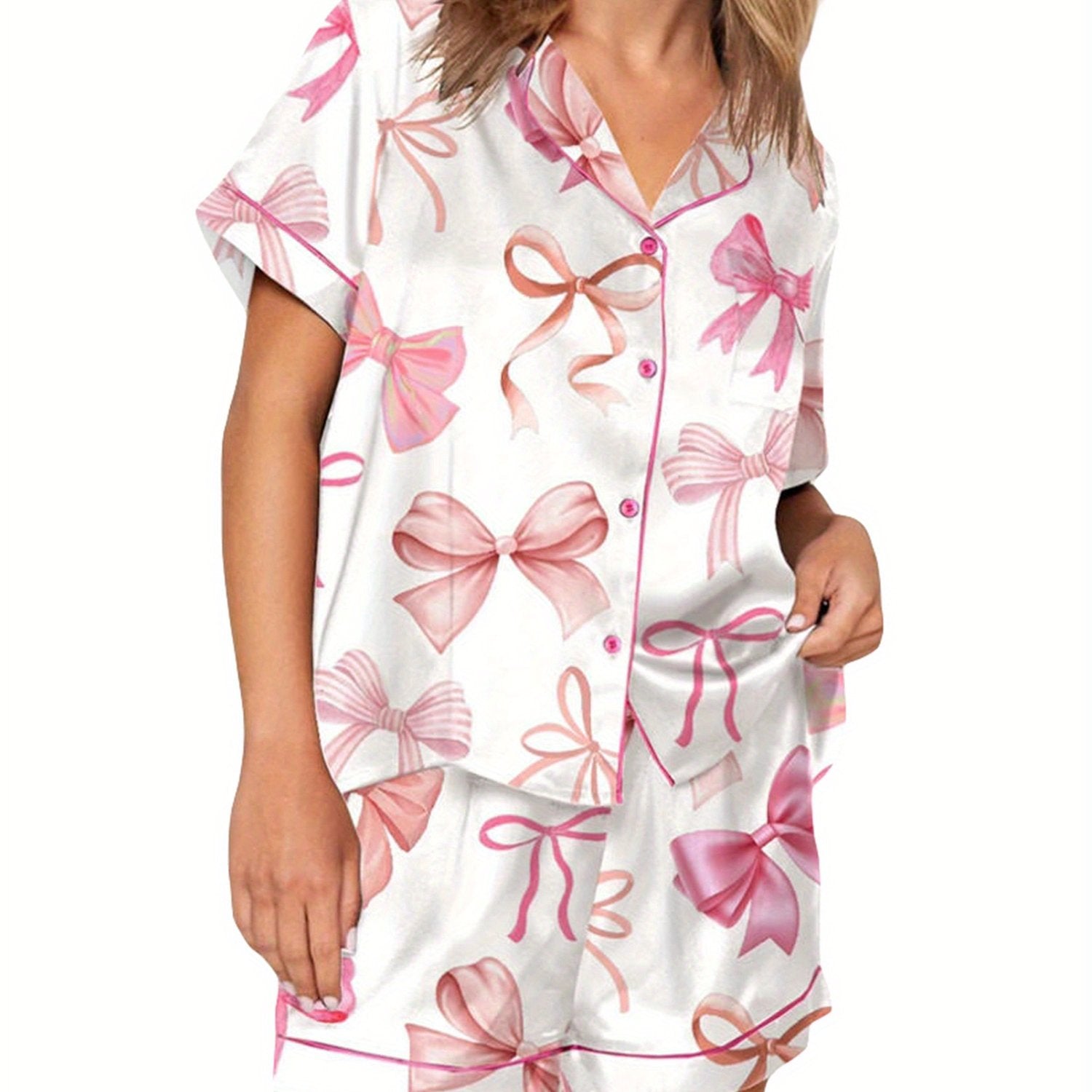 Women 2 Piece Pajamas Set Y2k Bow Print Short Sleeve Shirt Shorts Pjs Outfits Summer Lounge Sets Sleepwear