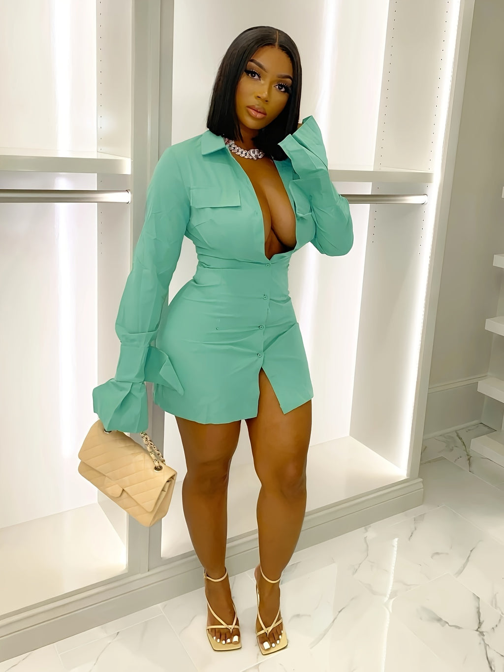 Womens Chic Long Sleeve Button-Up Mini Dress - Flattering Fit & Versatile Design - Trendy Casual Shirt Dress for All-Season Style