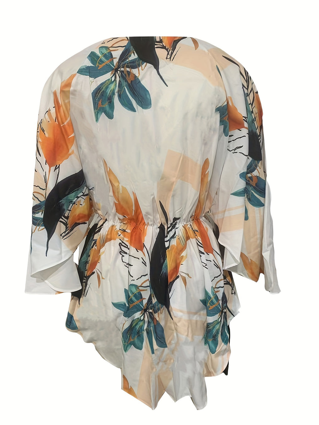 Fashionable V Neck Batwing Dress - Vibrant Full Printed Design with Flattering Tie Waist - Perfect Casual Wear for Women