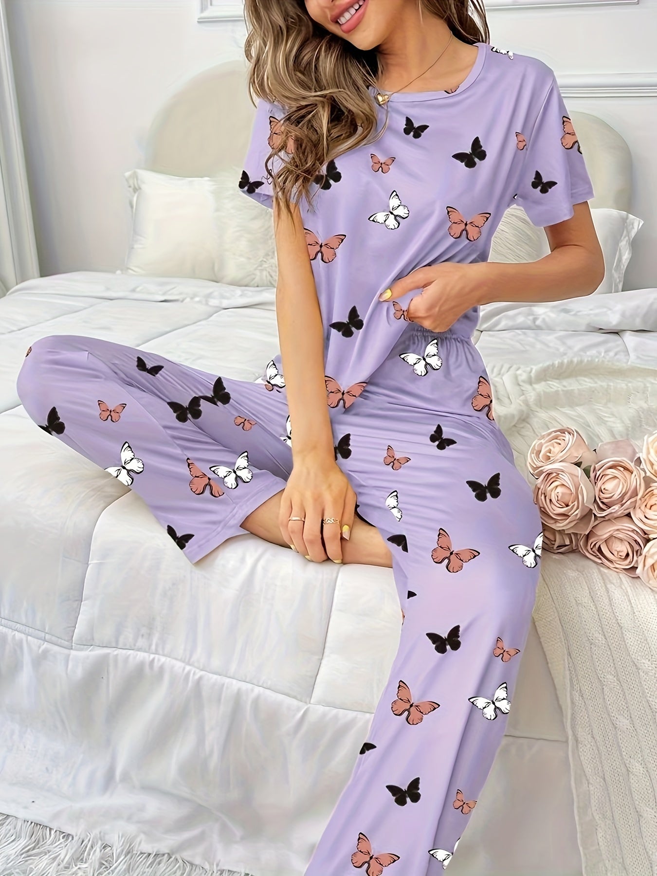 All-Season Chic Butterfly Lounge Set: Flame-Resistant, Comfort-Fit Women's Pajamas with Easy Maintenance