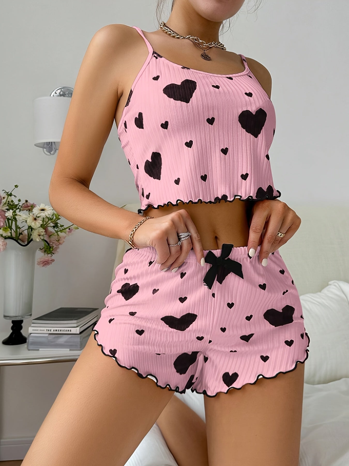 Women's Home Wear, Love Print Suspenders And Shorts, Pajamas Set, 2 Piece/set Home Pajamas Set