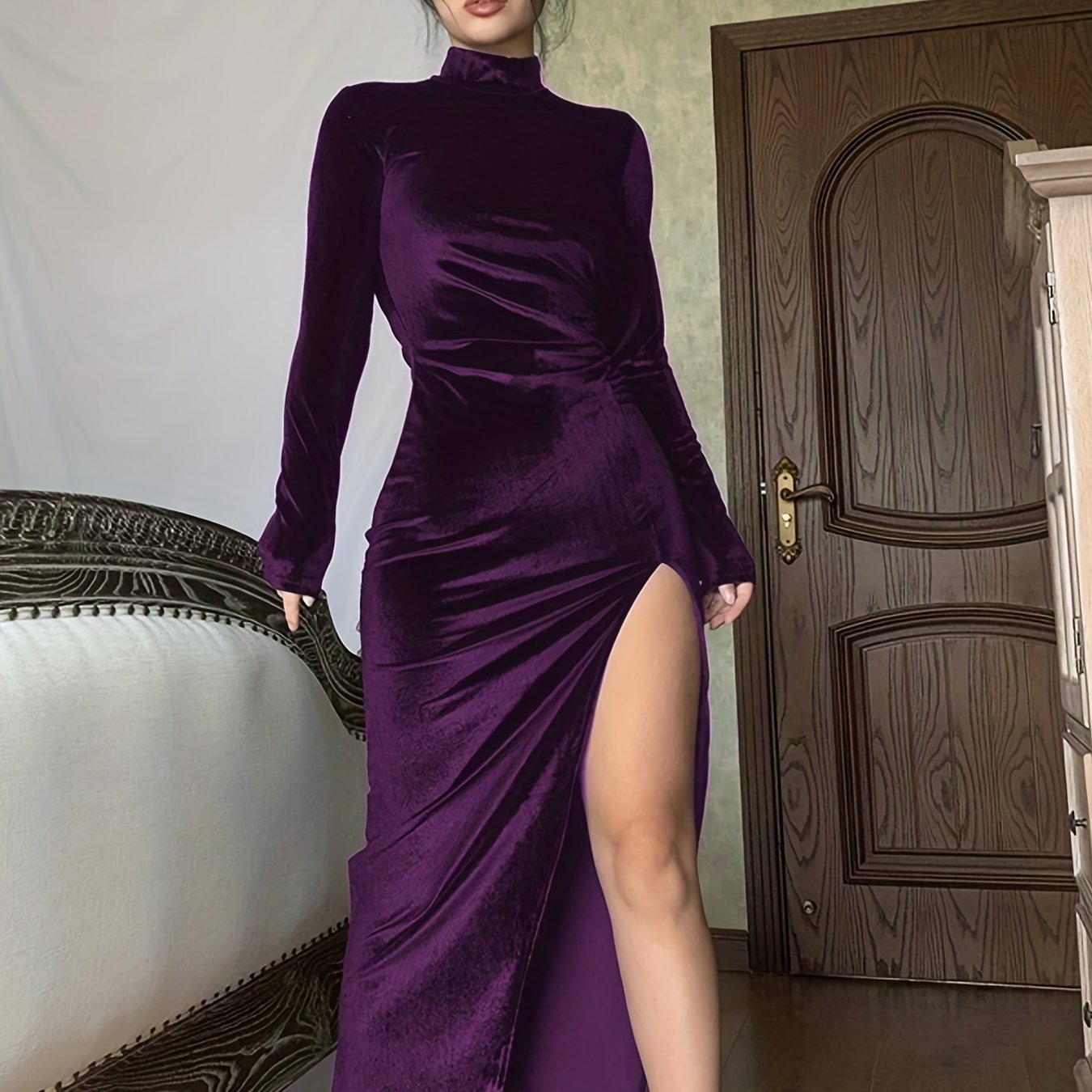 Chic Ruched Split Thigh Dress - High Collar, Long Sleeve, Solid Hue, Elegant Party Wear for Women - Fashionable & Form-Fitting