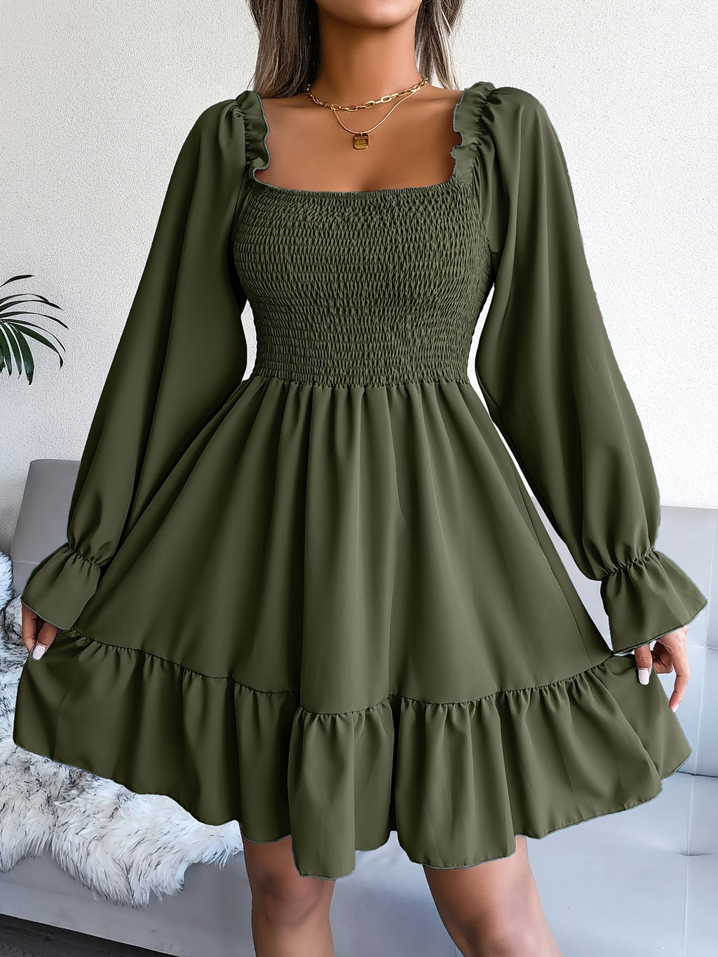 Flirty Squared Neck Ruffle Hem Dress - Feminine Shirred Detail, Timeless Solid Color, Perfect for Spring & Fall Wardrobe