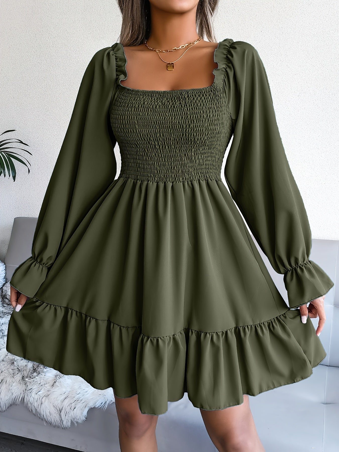Flirty Squared Neck Ruffle Hem Dress - Feminine Shirred Detail, Timeless Solid Color, Perfect for Spring & Fall Wardrobe