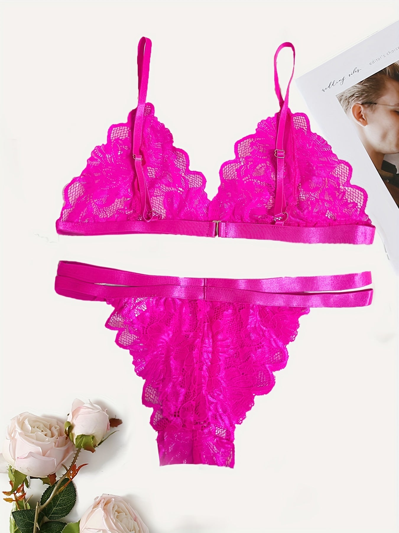 Sexy Floral Lace Lingerie Set - Triangle Cups Plunge Bra, Semi-Sheer Panties, Adjustable Straps, Comfortable Fit - Womens Romantic Underwear for Date Night or Special Occasions