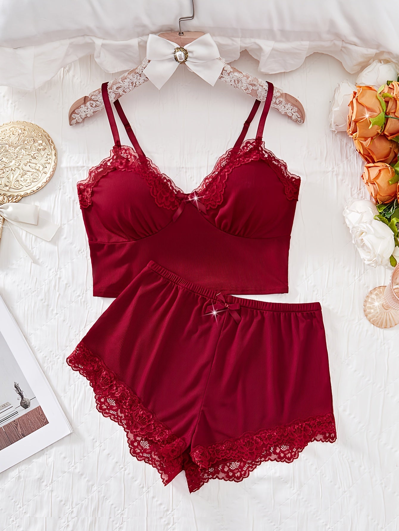 2pcs set of flower lace splicing pajamas with V-neck plain color bow top and shorts Women's pajamas and loungewear