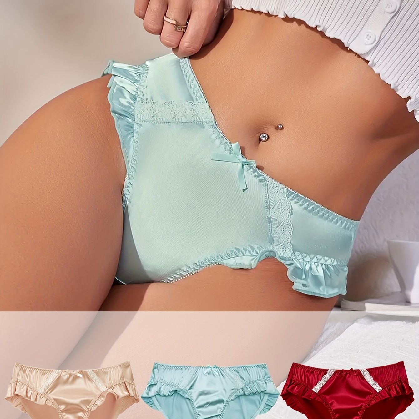 3-Pack Women'S Satin Color Panties, Low-Rise, Breathable, Comfortable, Cute Bow Detail, Solid Color, Polyester, Ladies' Underwear, Pajamas, Loungewear