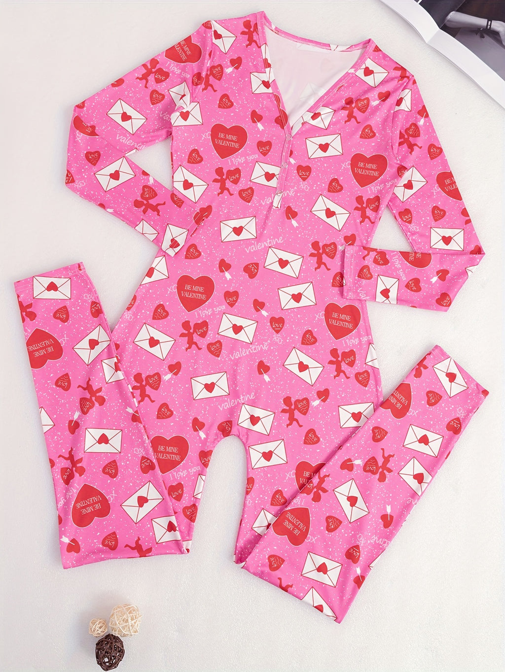 Valentine's Day Heart & Envelope & Slogan Print Jumpsuit, Long Sleeve Button Up V Neck Tapered Leg Pajamas, Women's Sleepwear & Loungewear