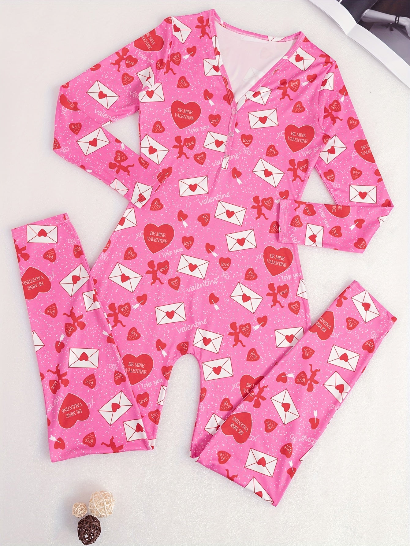 Valentine's Day Heart & Envelope & Slogan Print Jumpsuit, Long Sleeve Button Up V Neck Tapered Leg Pajamas, Women's Sleepwear & Loungewear