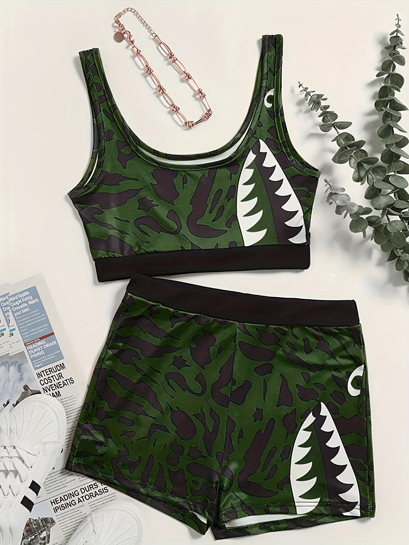 Plus Size Gothic Lingerie Set, Women's Plus Shark Print Contrast Trim Tank Bra & Panty Sporty Lingerie Two Piece Set