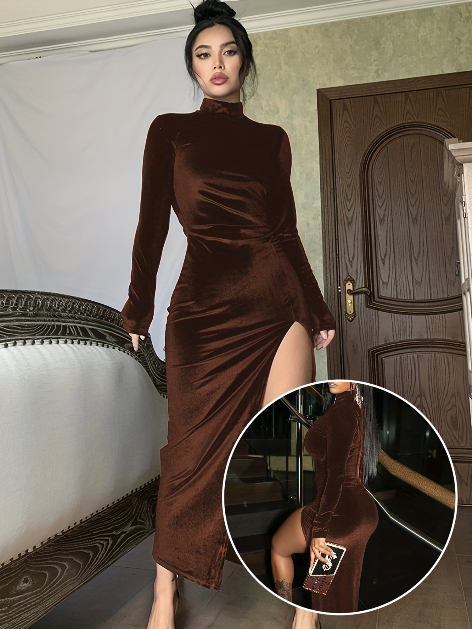 Chic Ruched Split Thigh Dress - High Collar, Long Sleeve, Solid Hue, Elegant Party Wear for Women - Fashionable & Form-Fitting