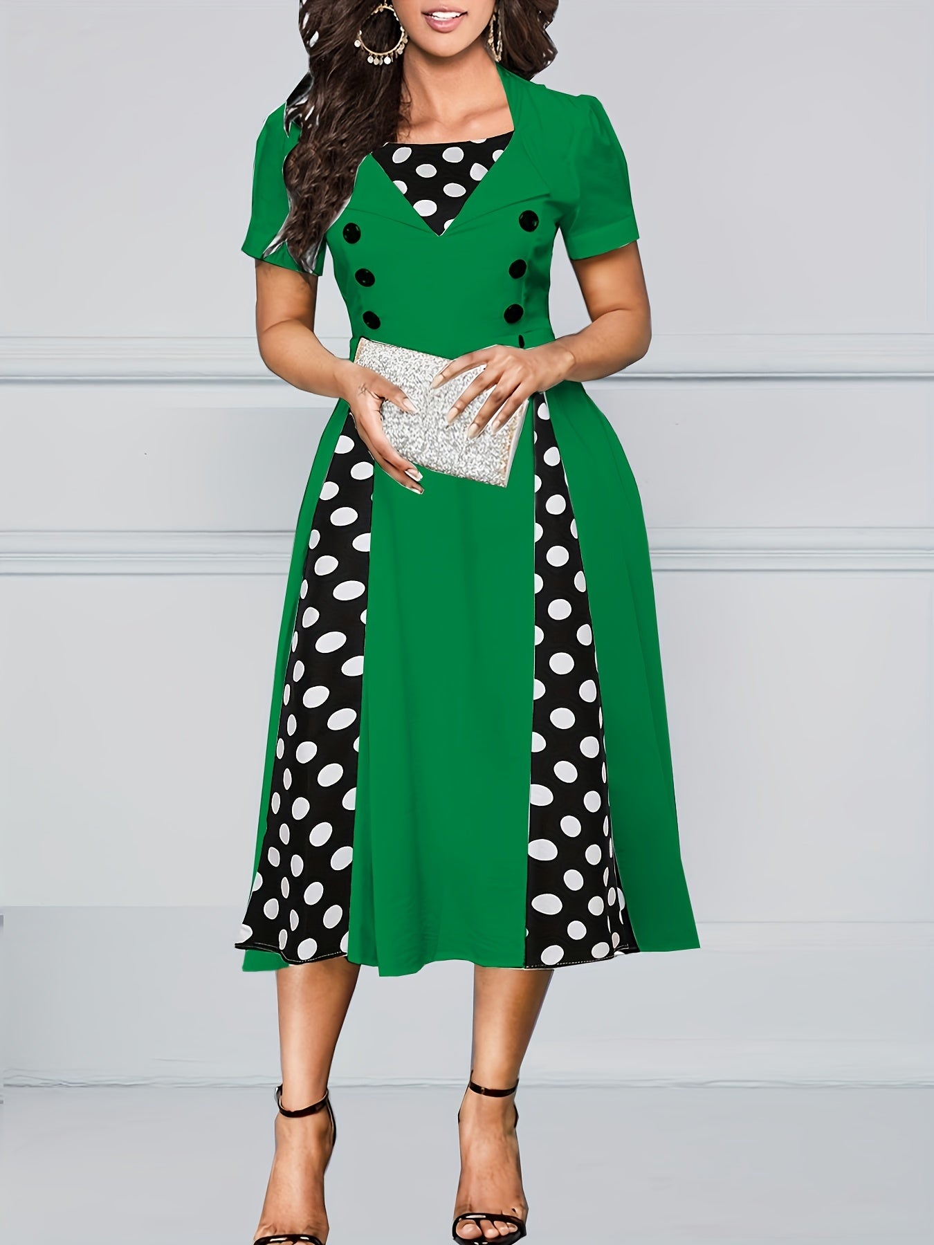 Polka Dot Color Block Button Dress, Elegant Short Sleeve Dress For Spring & Summer, Women's Clothing