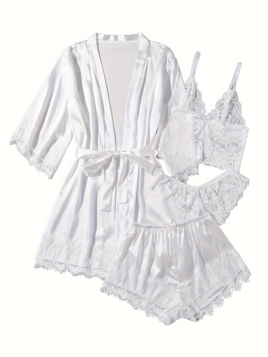 Women' Silk Satin Pajamas Set 4pcs Lingerie Floral Lace Cami Sleepwear with Robe