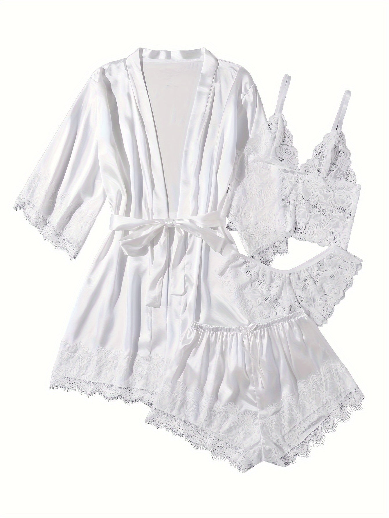 Women' Silk Satin Pajamas Set 4pcs Lingerie Floral Lace Cami Sleepwear with Robe
