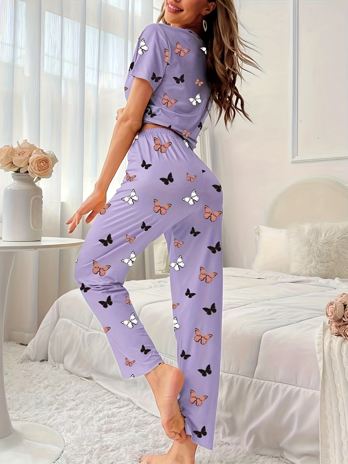 All-Season Chic Butterfly Lounge Set: Flame-Resistant, Comfort-Fit Women's Pajamas with Easy Maintenance