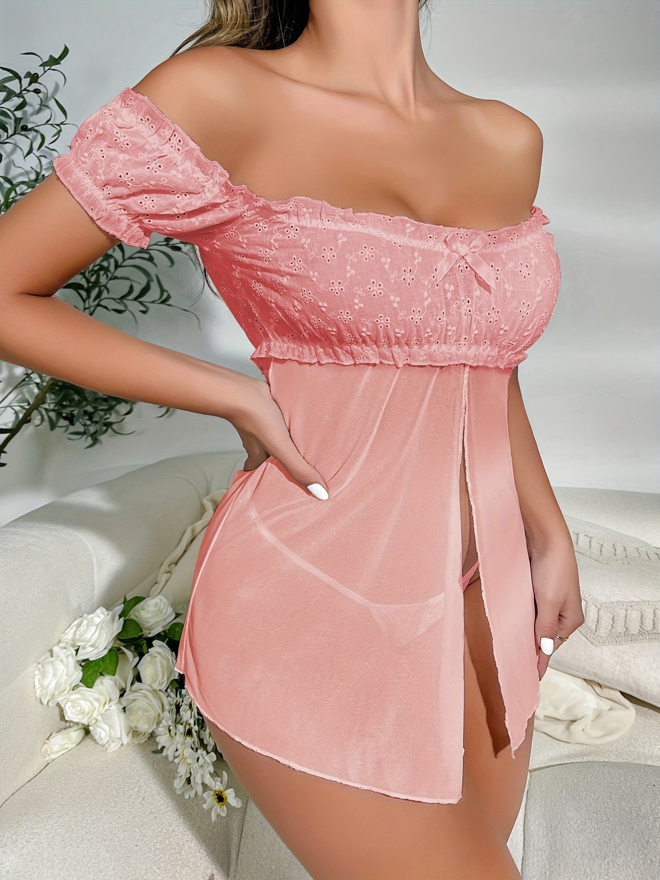 Mid Rise Semi-Sheer Mesh Lingerie Set with Floral Lace Ruffle - Elegant Sleepwear for Women with High Elasticity, Polyester and Elastane Fabric, Enhancing Confidence and Seduction