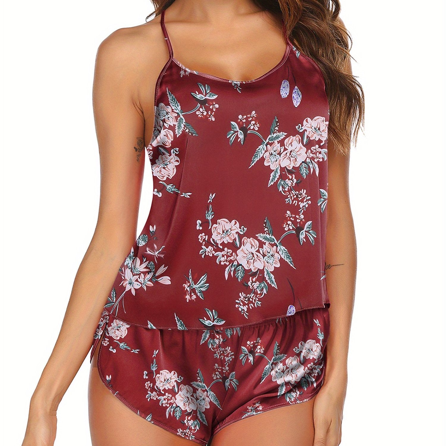 [Satin Pajamas Set] 2pcs Luxurious Satin Pajamas Set - Backless Lingerie Pjs Cami Top and Shorts Nightwear - Plus Size Lingerie for Women - Sexy Cami Shorts Set Drawstring Shoulder Straps Lounge Sets Soft and Lightweight