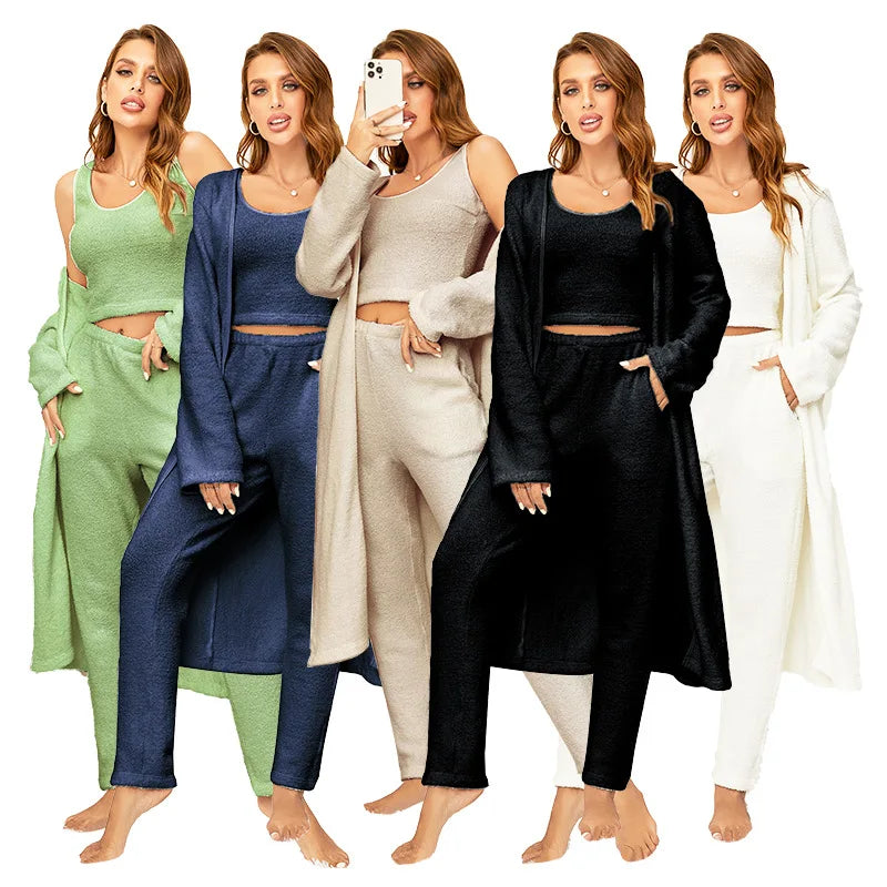 Ladies Sleepwear Set 3 Pcs Matching Pajamas Set 3 Piece Plus Size Soft Pajama Set Women