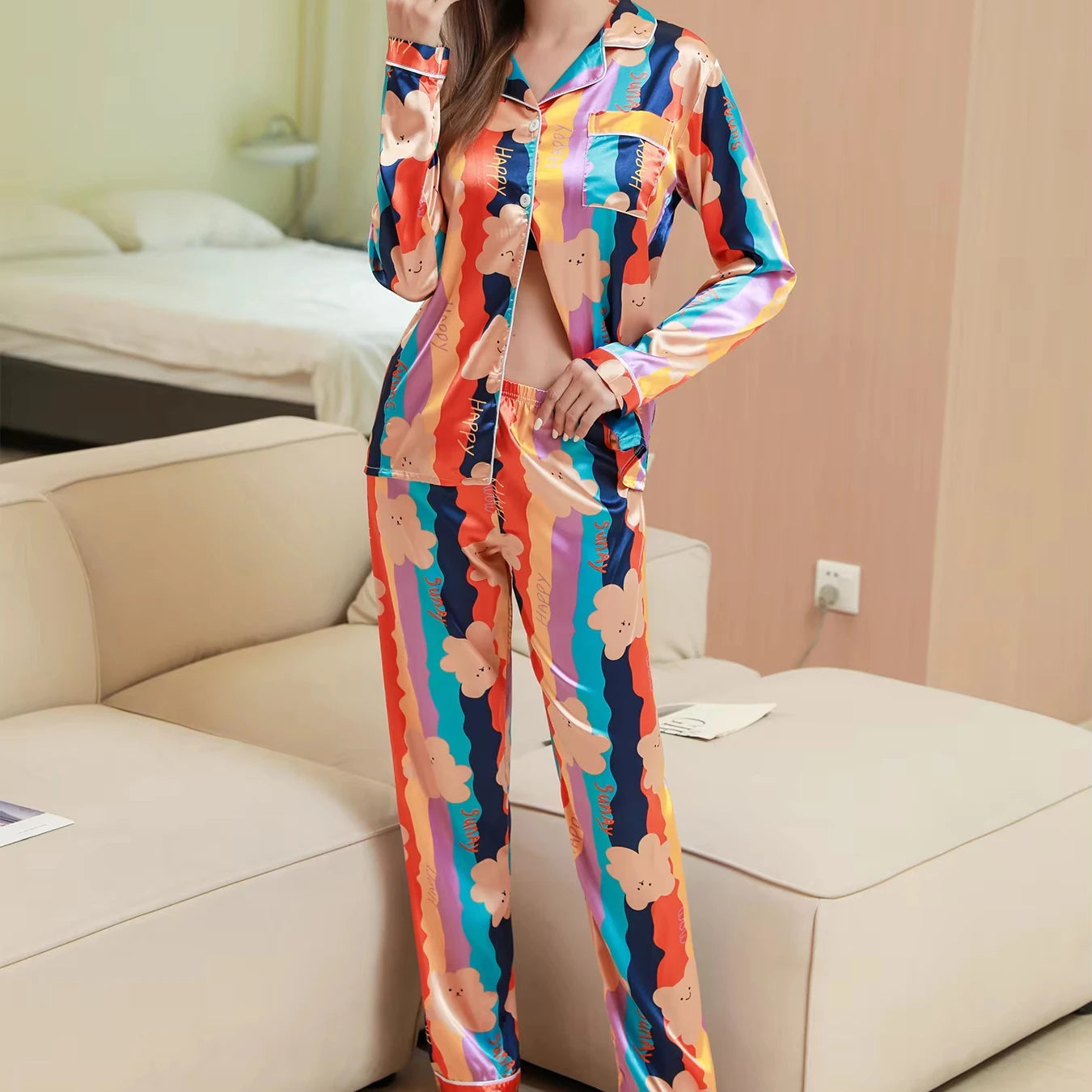 Dropshipping Women's Pajamas Satin Long Sleeves and Pants Pajama Sets Loungewear Sleepwear for All Seasons KJ-B11007