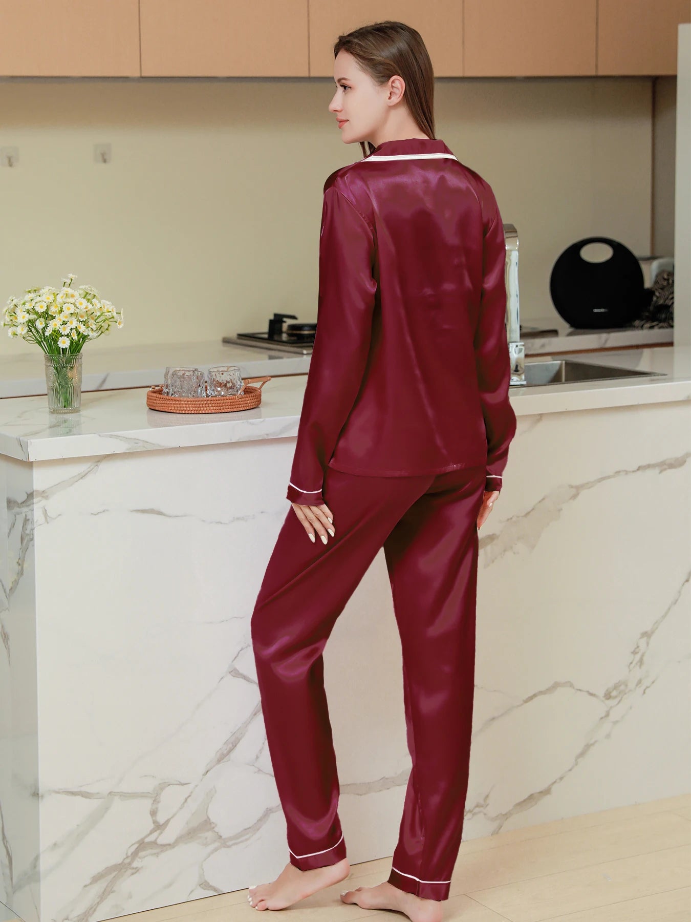Dropshipping Women's Pajamas Satin Long Sleeves and Pants Pajama Sets Loungewear Sleepwear for All Seasons KJ-B11088
