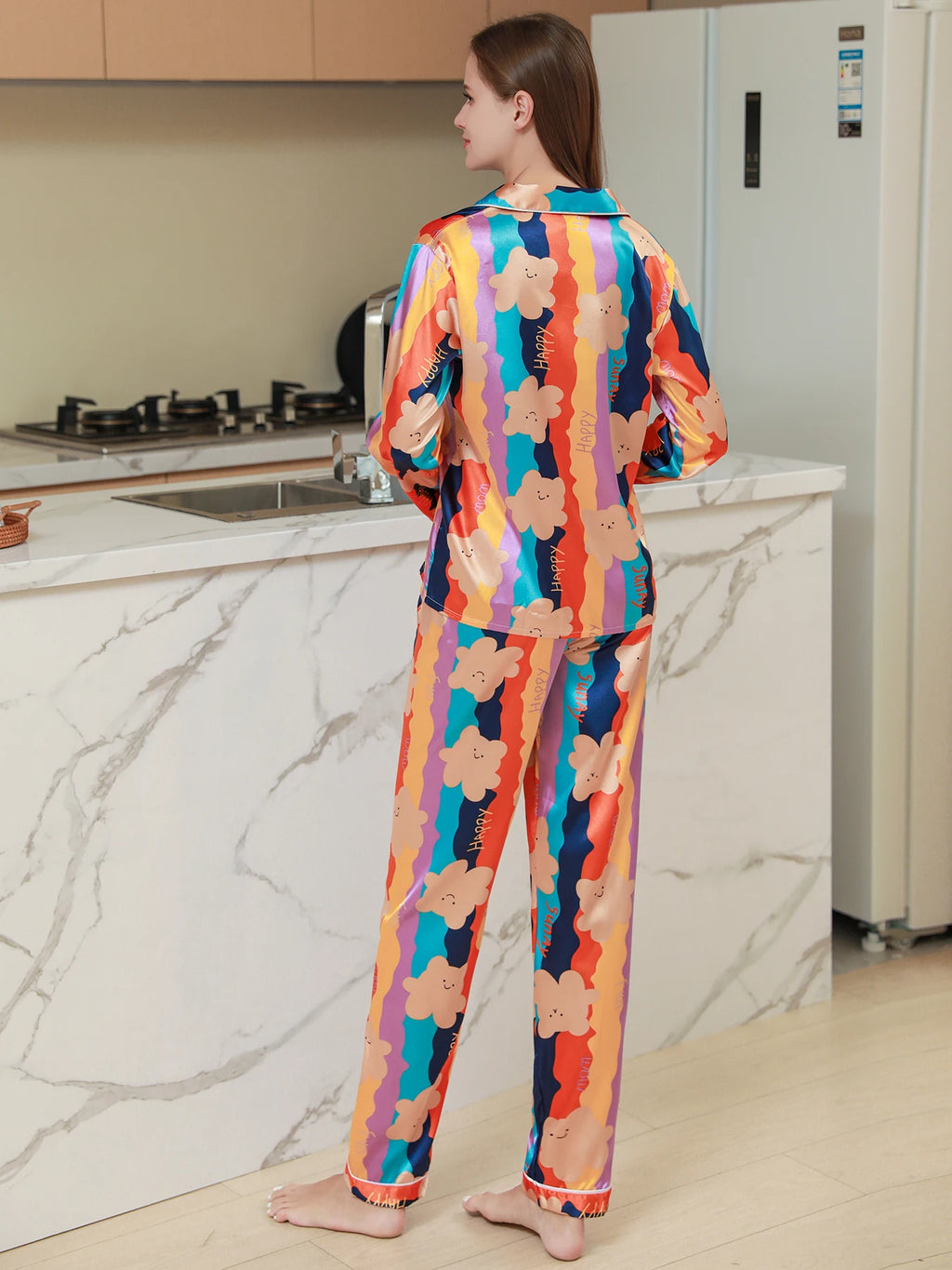 Dropshipping Women's Pajamas Satin Long Sleeves and Pants Pajama Sets Loungewear Sleepwear for All Seasons KJ-B11007