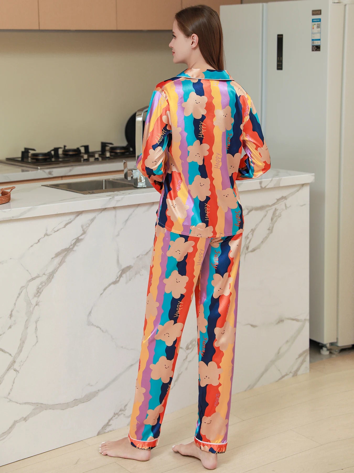 Dropshipping Women's Pajamas Satin Long Sleeves and Pants Pajama Sets Loungewear Sleepwear for All Seasons KJ-B11007