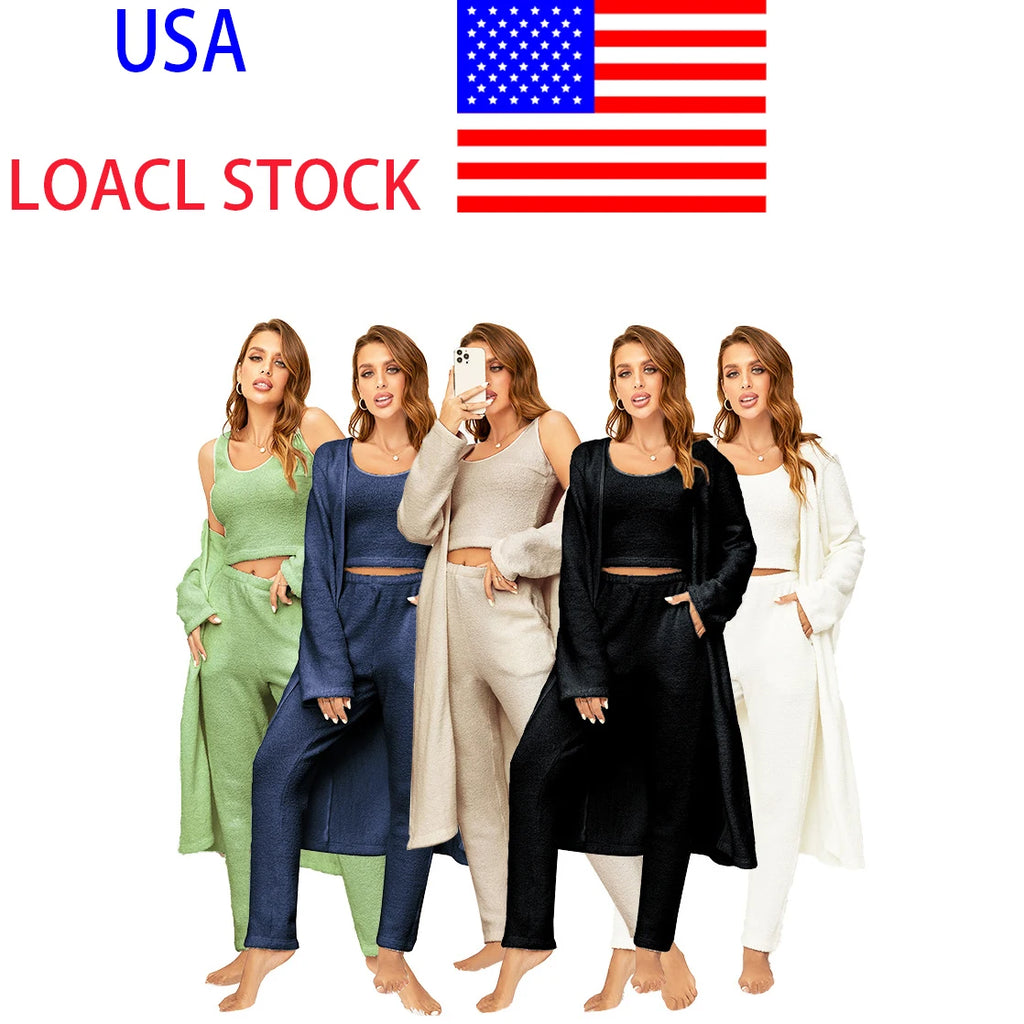 Ladies Sleepwear Set 3 Pcs Matching Pajamas Set 3 Piece Plus Size Soft Pajama Set Women