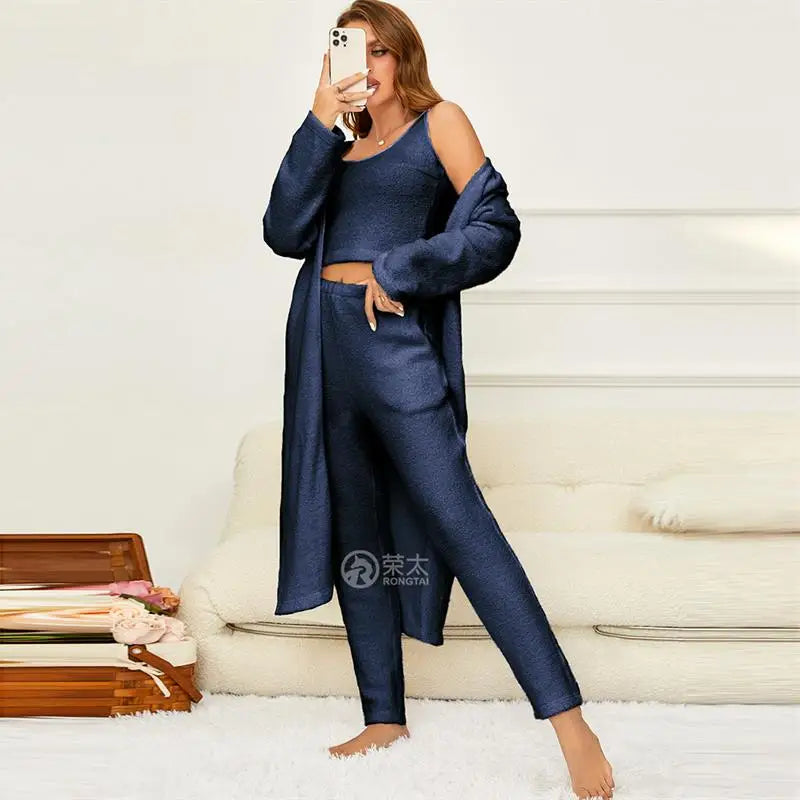 Ladies Sleepwear Set 3 Pcs Matching Pajamas Set 3 Piece Plus Size Soft Pajama Set Women