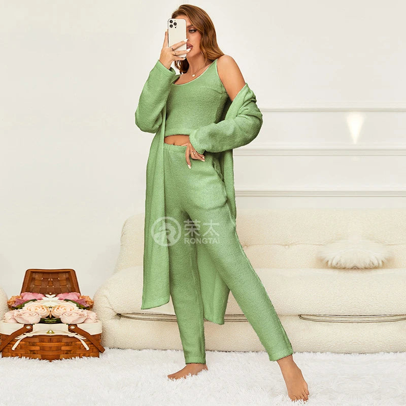 Ladies Sleepwear Set 3 Pcs Matching Pajamas Set 3 Piece Plus Size Soft Pajama Set Women