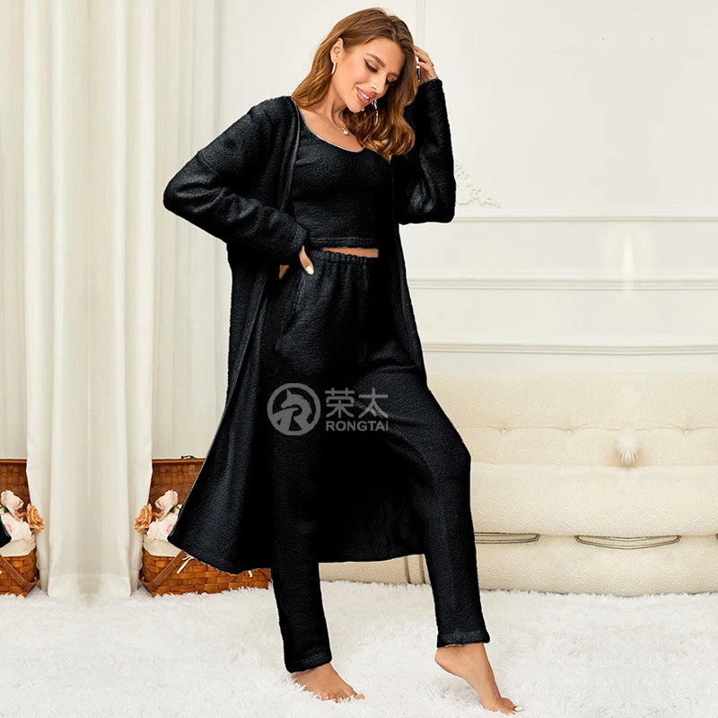 Ladies Sleepwear Set 3 Pcs Matching Pajamas Set 3 Piece Plus Size Soft Pajama Set Women