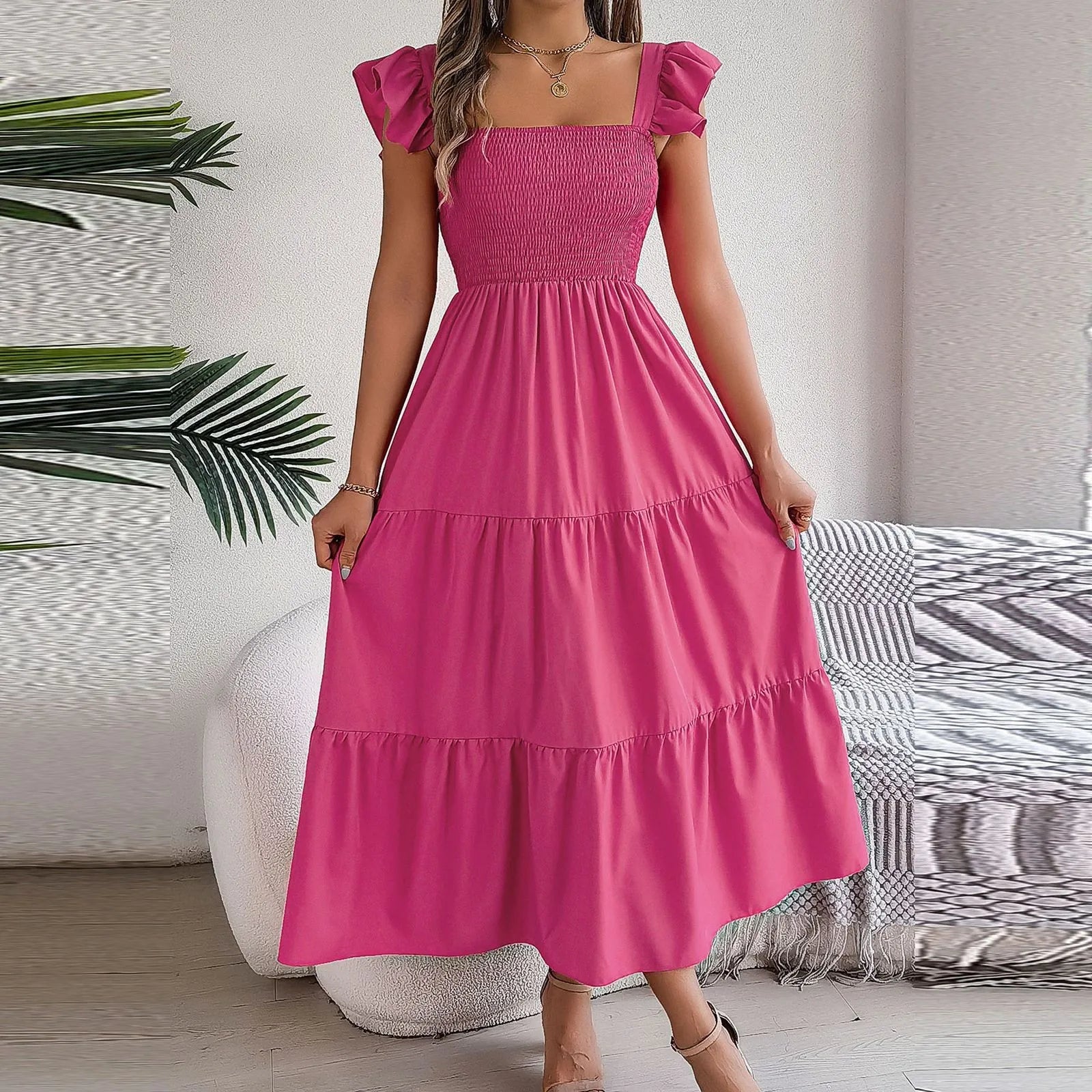 Hot Dress For 2024 Summer Solid Color Square Neck Elastic Waist  A Line Slimming Long Vestido Womens Mother Of The Bride Dresses