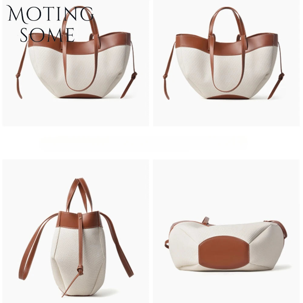 Motingsome Summer Tote Bag Woman Holiday Handbag Luxury Designer Bags Cotton Fabric with Cow Leather Shoulder Purses 2025 New