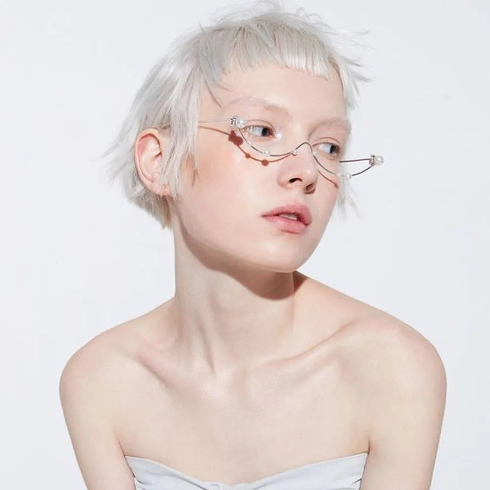 Stonefans Imitation Pearl Glasses Frame for Women No Lens Eye Decoration Exquisite Eyeglasses Y2k Metal Face Jewelry Collapsible