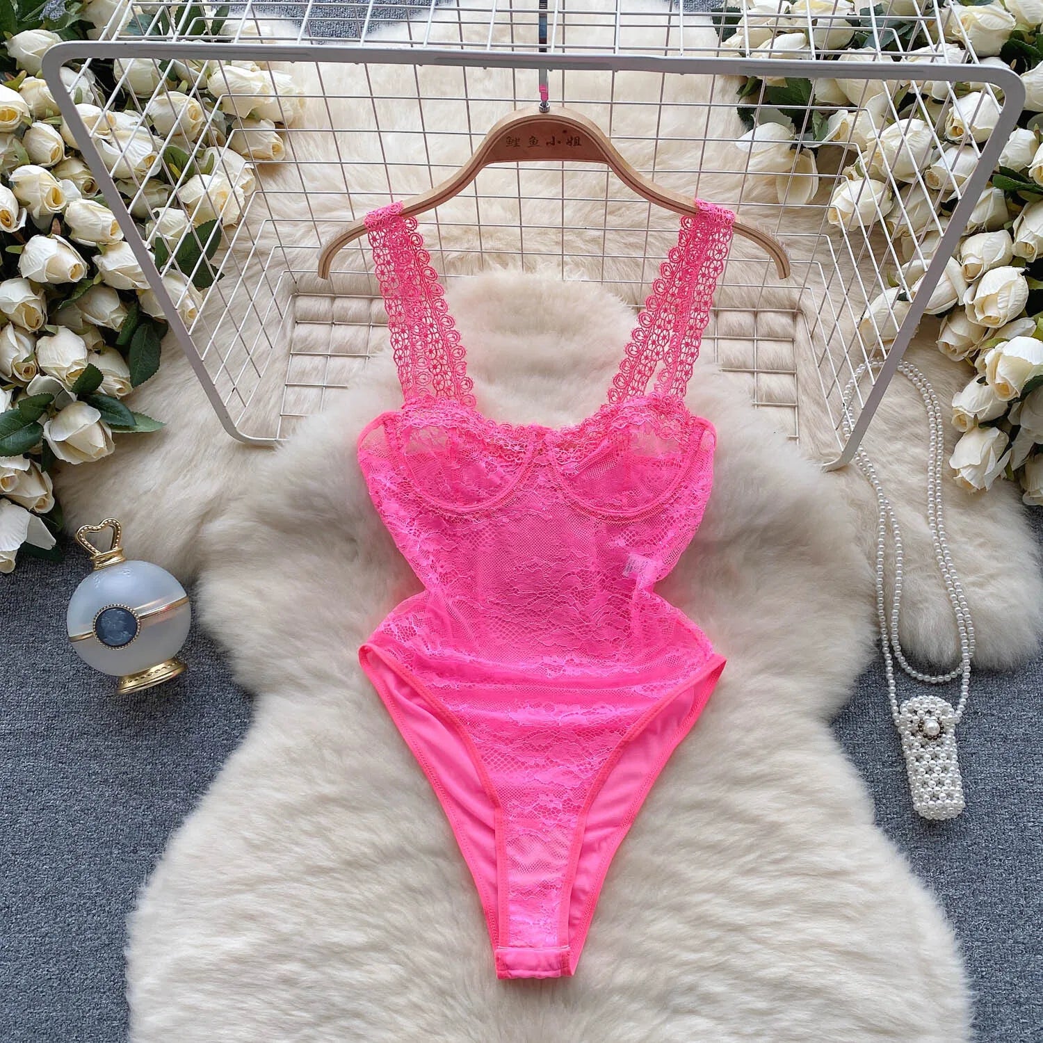 ssTss Fashion Sexy Lace Camisole V-Neck Jumpsuit Women's Sleeveless Slim Fit Mesh Bottom Versatile Bodysuit Tank Top