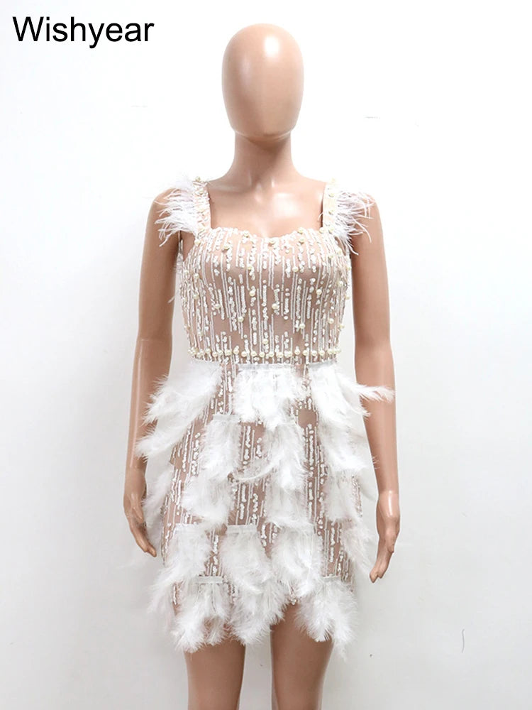 New Elegant Luxury Pearl Feather Strap Bodycon Midi Dress Sexy Night Club Party Wedding Guest Evening Women Birthday Clothing