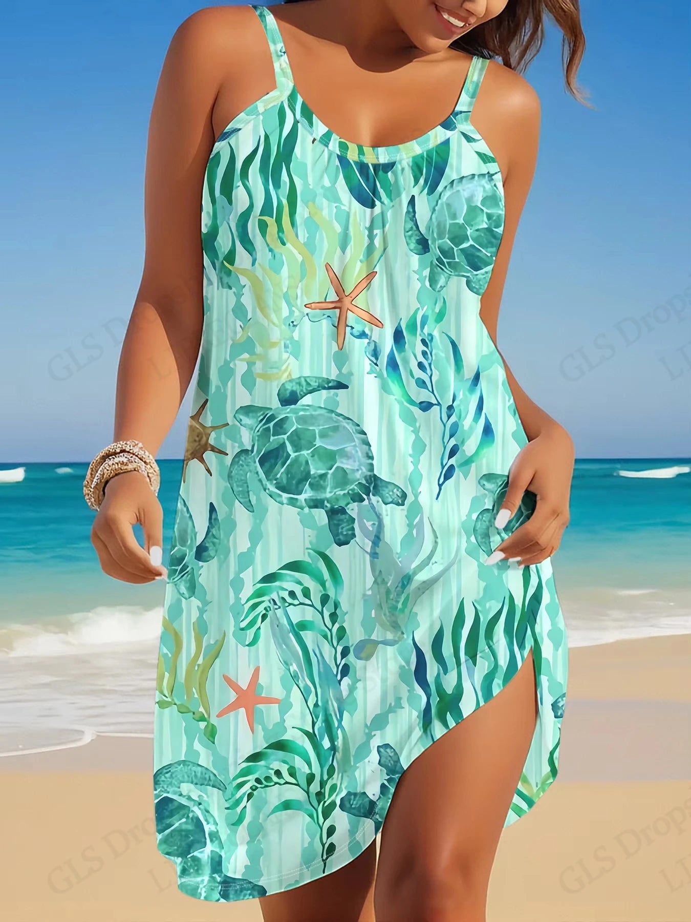 New Women Dress Sleeveless Elegant For Women Fashion Summer Mini Strap Beach Dress Sea Turtle 3d Print Dresses Bohemian Party