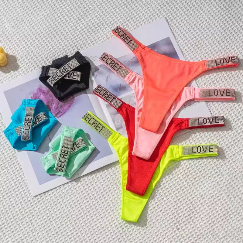 Women's Fashion Lingerie Low Waist Women's Underwear Underwear Rhinestone Letters Comfortable Pink Thong Sexy Swimming Trousers
