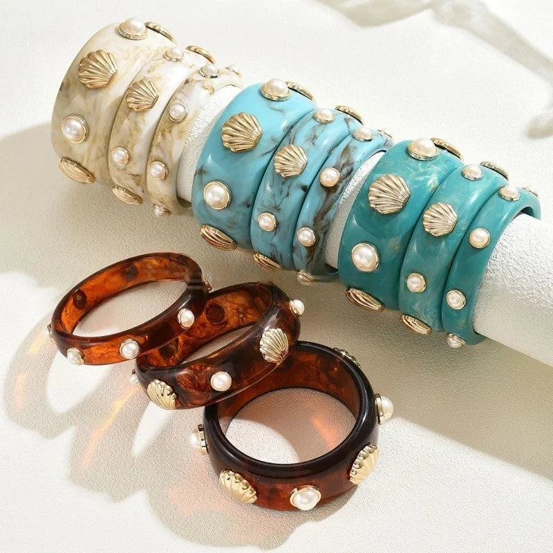DIEZI Exaggerated Resin Pearl Shell Wide Bangles Vintage Fashion Geometric Round Bracelet Bangle For Women Men Gift Jewelry