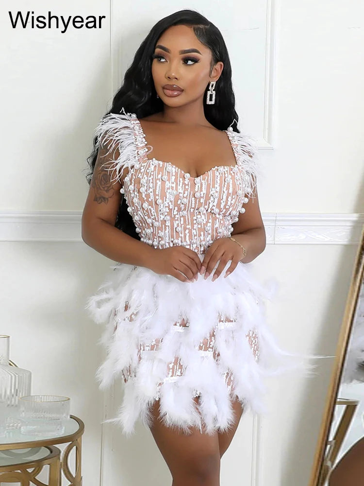 New Elegant Luxury Pearl Feather Strap Bodycon Midi Dress Sexy Night Club Party Wedding Guest Evening Women Birthday Clothing