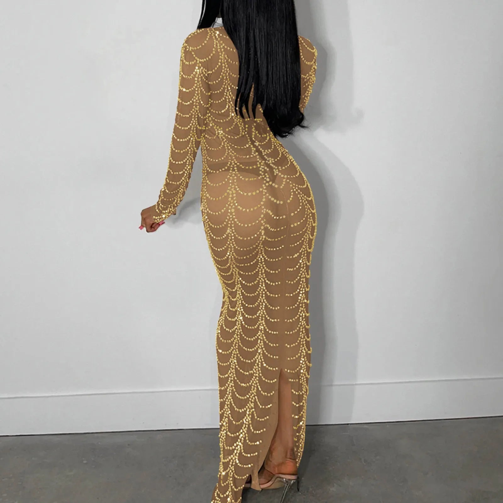 Women Rhinestone Sexy Nightclub Dress Transparent Mesh Hip Hugging Floor Length Dresses For Women Long Sleeve Fashion Sexy Dress
