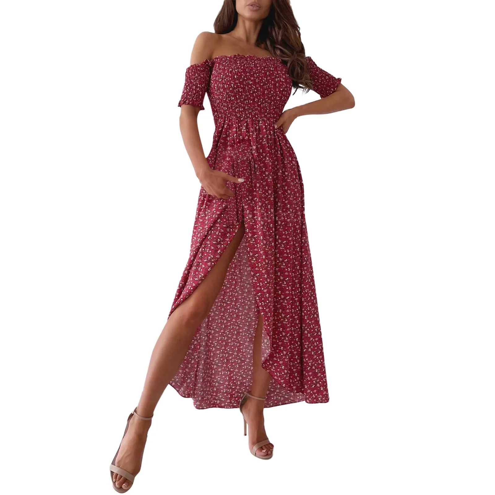 Women Elegant Floral Printed Long Dresses 2023 Summer Sexy Off Shoulder High Slit Party Beach Maxi Dress Ladies Boho Dress
