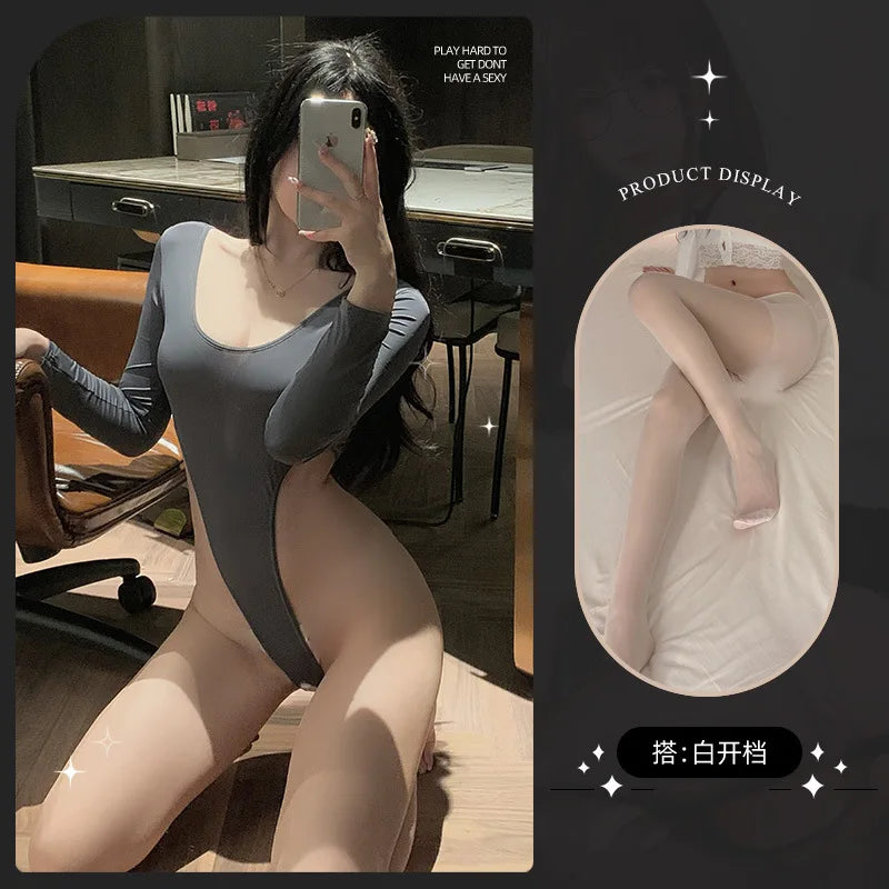 New Spring/Summer sexy lingerie nightgown body suits Long sleeved pure desire Solid color slim fit Appear thin 8194 MVLJ