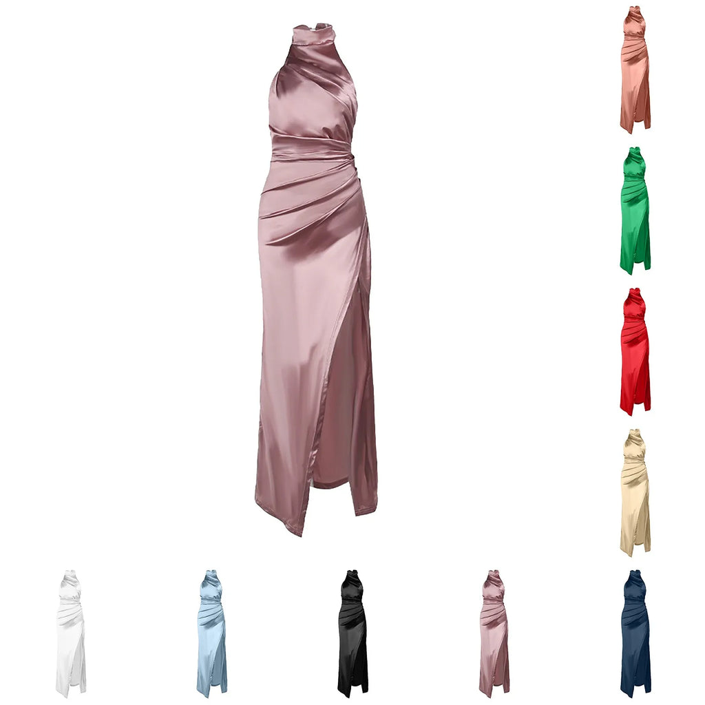 Bridesmaid Formal Dresses For Women Slim Fit Turtleneck Slit Satin Prom Dress Women's High Waist Pleated Evening Party Dresses