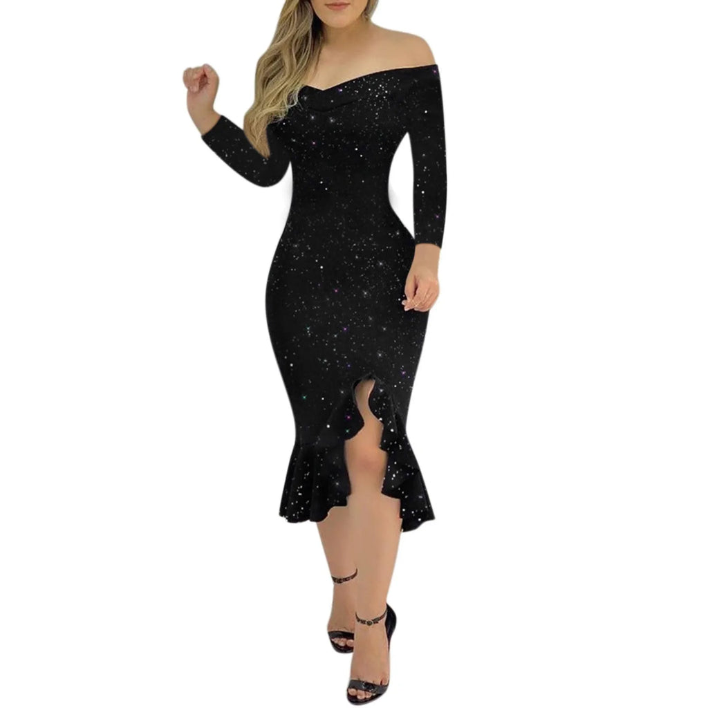 Women Party Sequin Dress Sexy Off Shoulder Robe Femme Ruffle Hem Slit Slim Bodycon Dresses Fashion Solid Female Vestidos