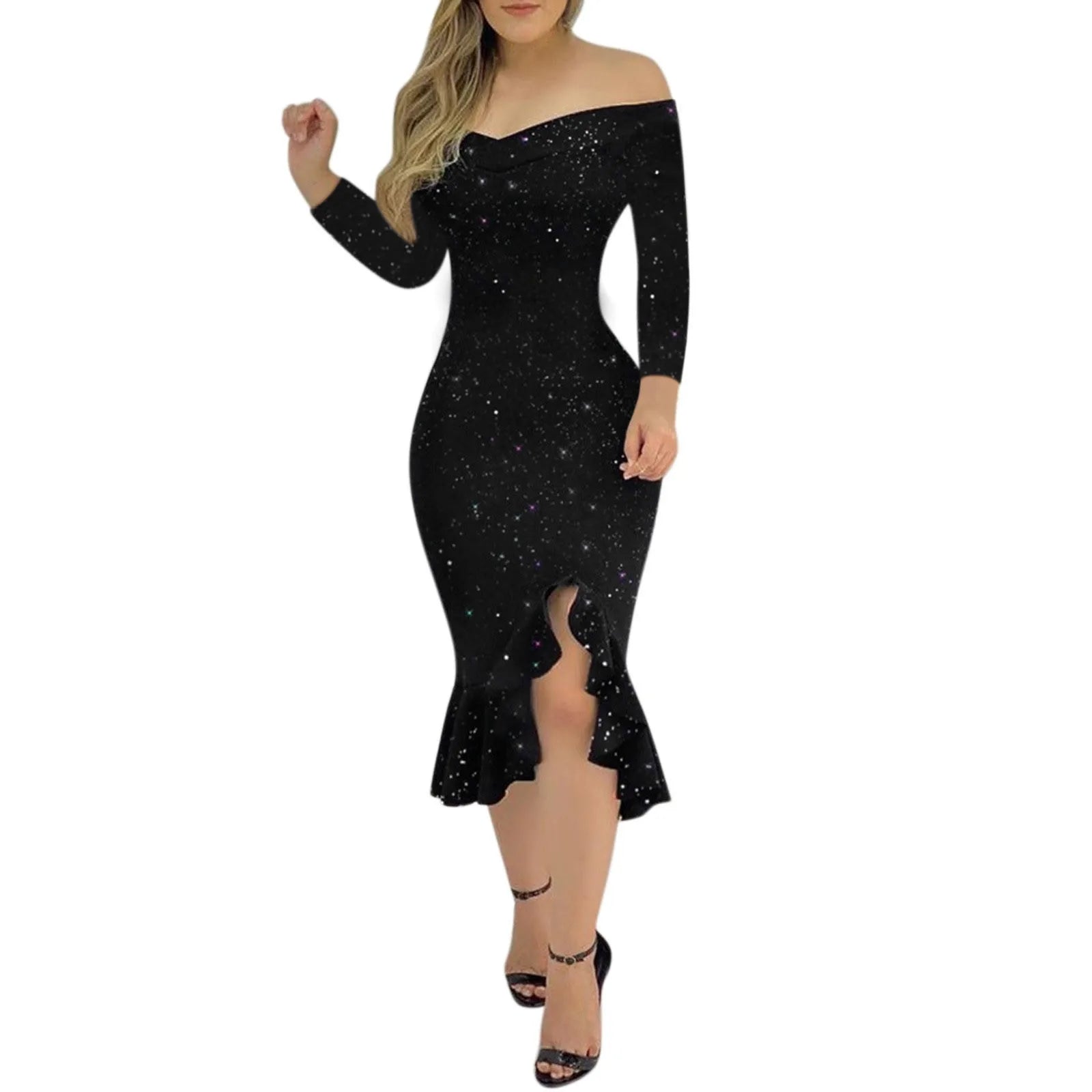 Women Party Sequin Dress Sexy Off Shoulder Robe Femme Ruffle Hem Slit Slim Bodycon Dresses Fashion Solid Female Vestidos